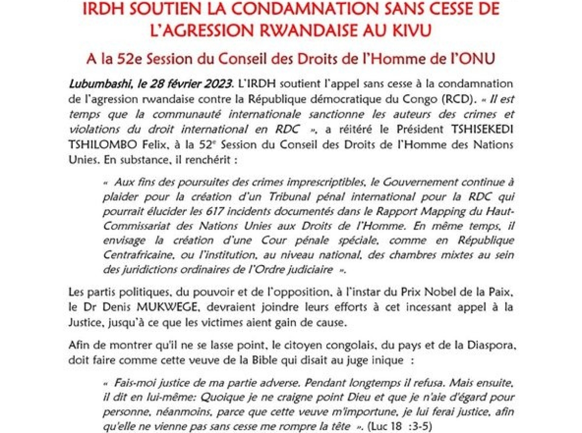 52ème session du Conseil des Droits de l’Homme de l’Onu, Agression rwandaise : l’IRDH hausse le ton !