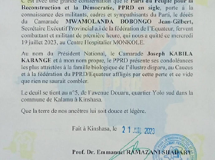 Jean-Gilbert Mwamolanda Bobongo : le PPRD rend hommage !