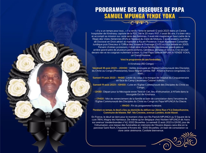 Samuel Mpunga Yende Yoka : les derniers hommages commencent aujourd’hui à Kinshasa 