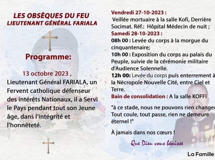 Lieutenant-Général Fabrice : Voici le programme des obsèques!