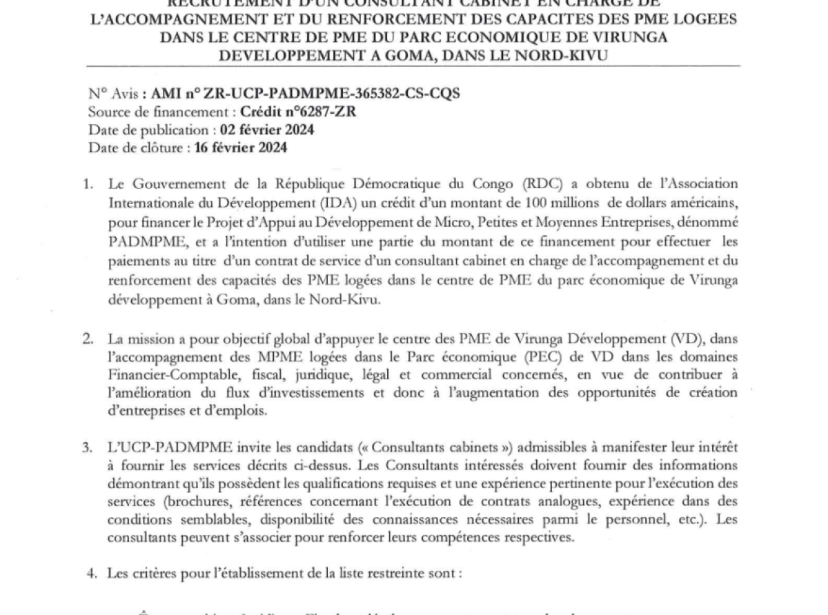 AVIS DE SOLLICITATION DE MANIFESTATION D’INTERET
