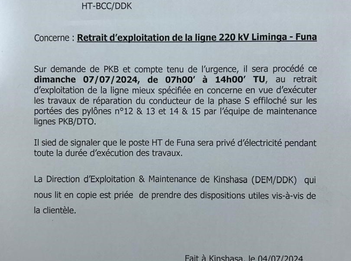 Ce dimanche 7 juillet 2024, SNEL S.A : des travaux exécutés sur la ligne 220kV Liminga-Funa