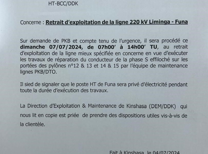 Ce dimanche 7 juillet 2024, SNEL S.A : des travaux exécutés sur la ligne 220kV Liminga-Funa