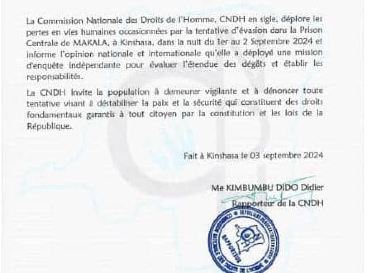 Evaluer l'étendue des dégâts et établir les responsables, Prison centrale de Makala : la CNDH déploie une mission d’enquête indépendante