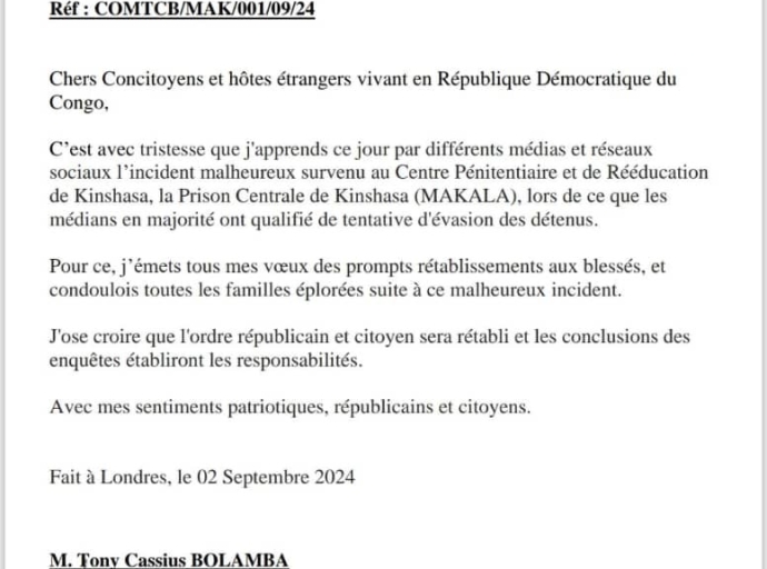 Tentative d’évasion à la Prison Centrale de Makala, RDC : Tony Cassius Bolamba appelle à l’établissement rapide des responsabilités !