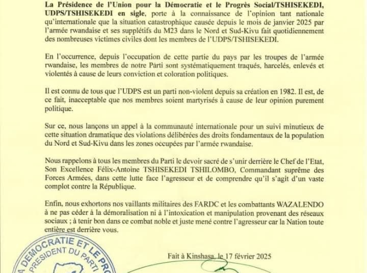 Agression rwandaise : l’UDPS appelle tous les congolais à faire bloc derrière Félix Tshisekedi pour la paix en RDC !