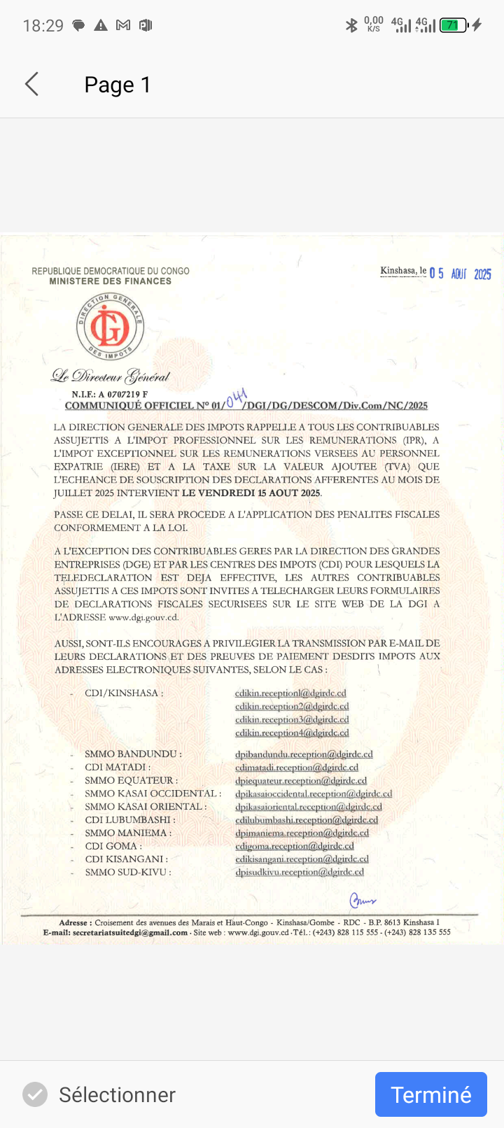 COMMUNIQUE OFFICIEL N° 01/041/DGI/DG/DESCOM/Div.Com/NC/2025