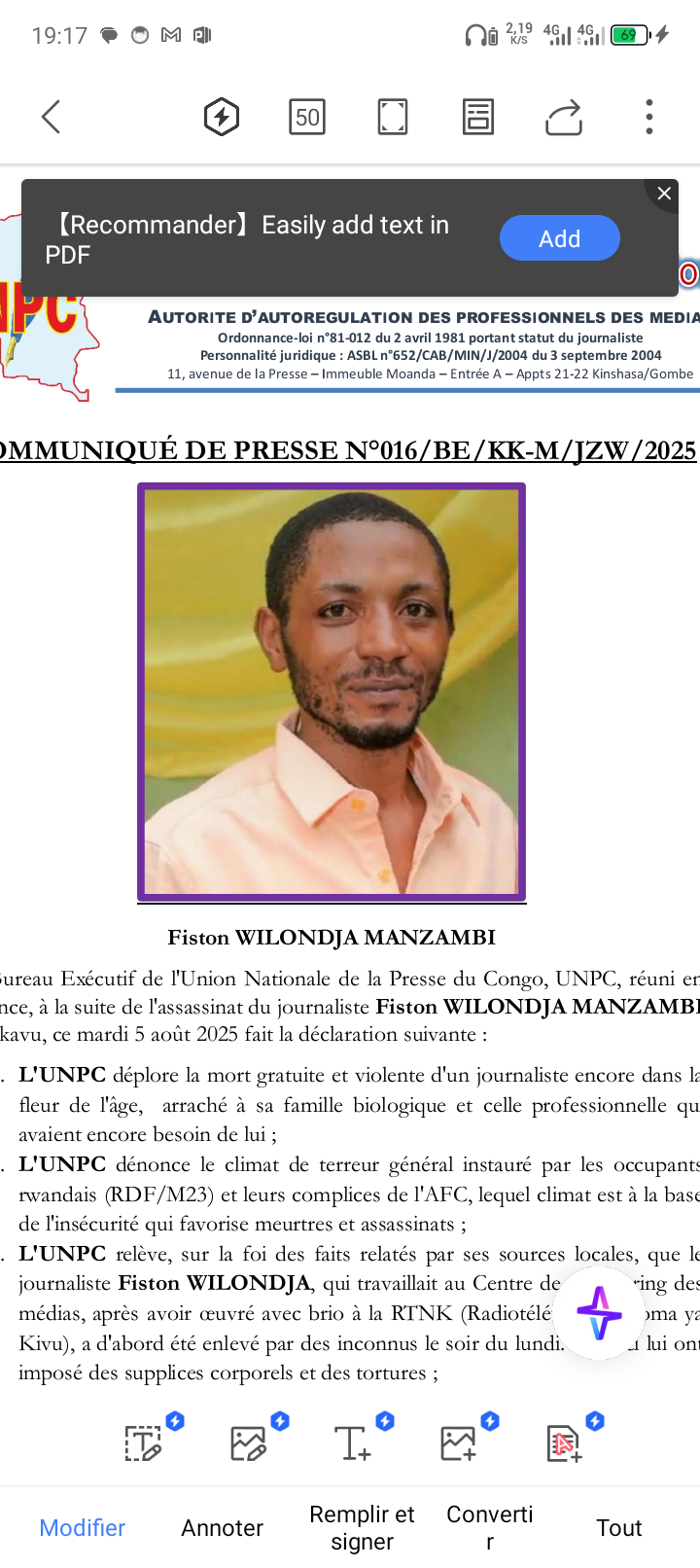 Assassinat du journaliste Fiston Wilondja : Le Gouvernement dénonce la violation continue des droits fondamentaux dans les territoires occupés !