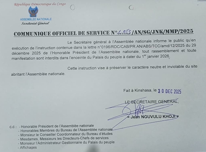 Assemblée Nationale : Aimé Boji interdit toute forme de manifestations au Palais du Peuple !